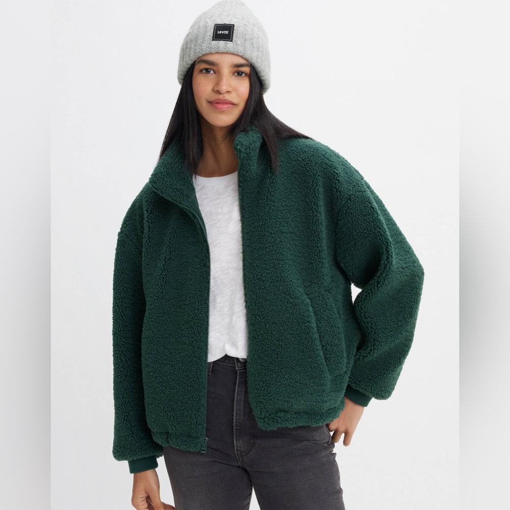 Levi's Women's Sherpa Zip Up Teddy Jacket Green Darkest Spruce XS